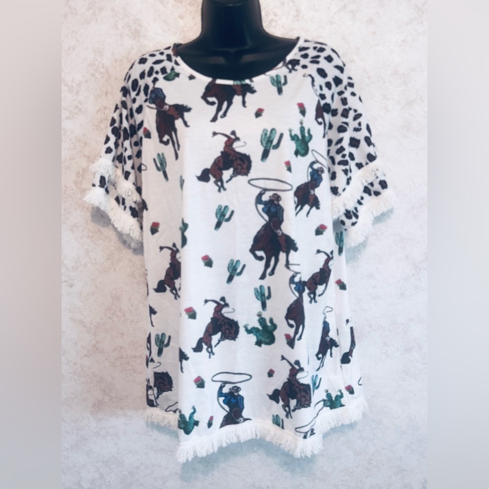 Cellabie Women’s Floral Fringe Trim Cowboy Decor Horses Raglan Blouse Medium
